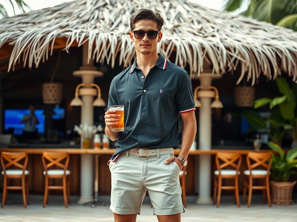 A man wearing a chic polo shirt and tailored shorts, holding a drink in a tropical setting.