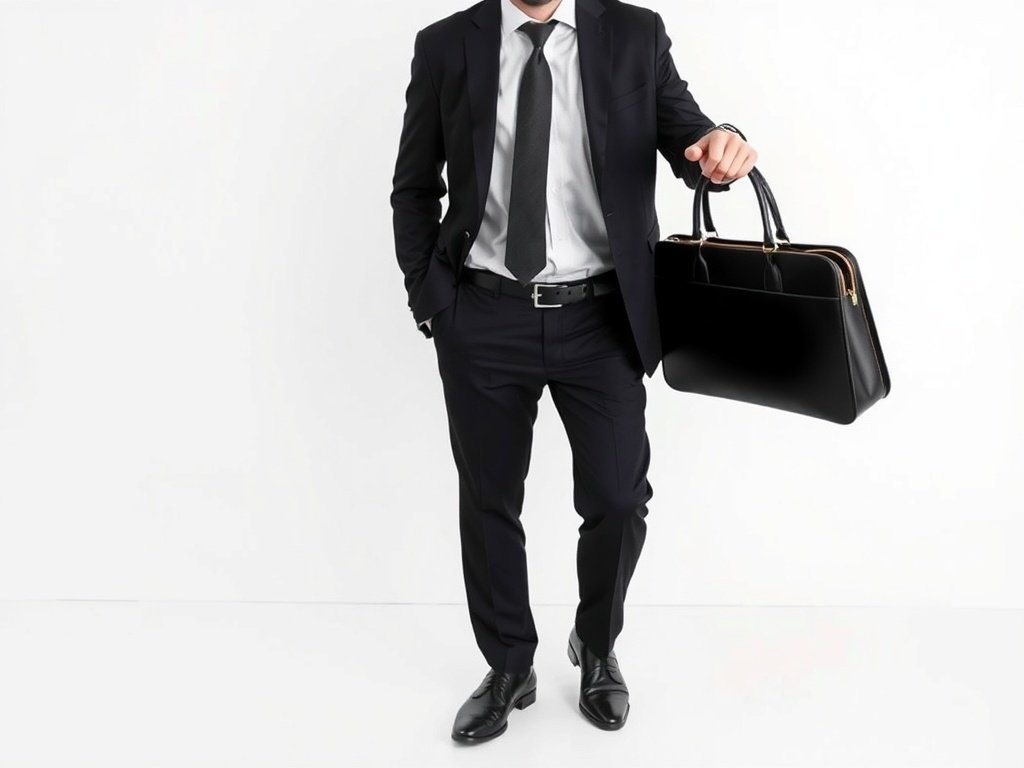 Professional business man in a black and white suit with a briefcase and matching shoes, standing confidently.