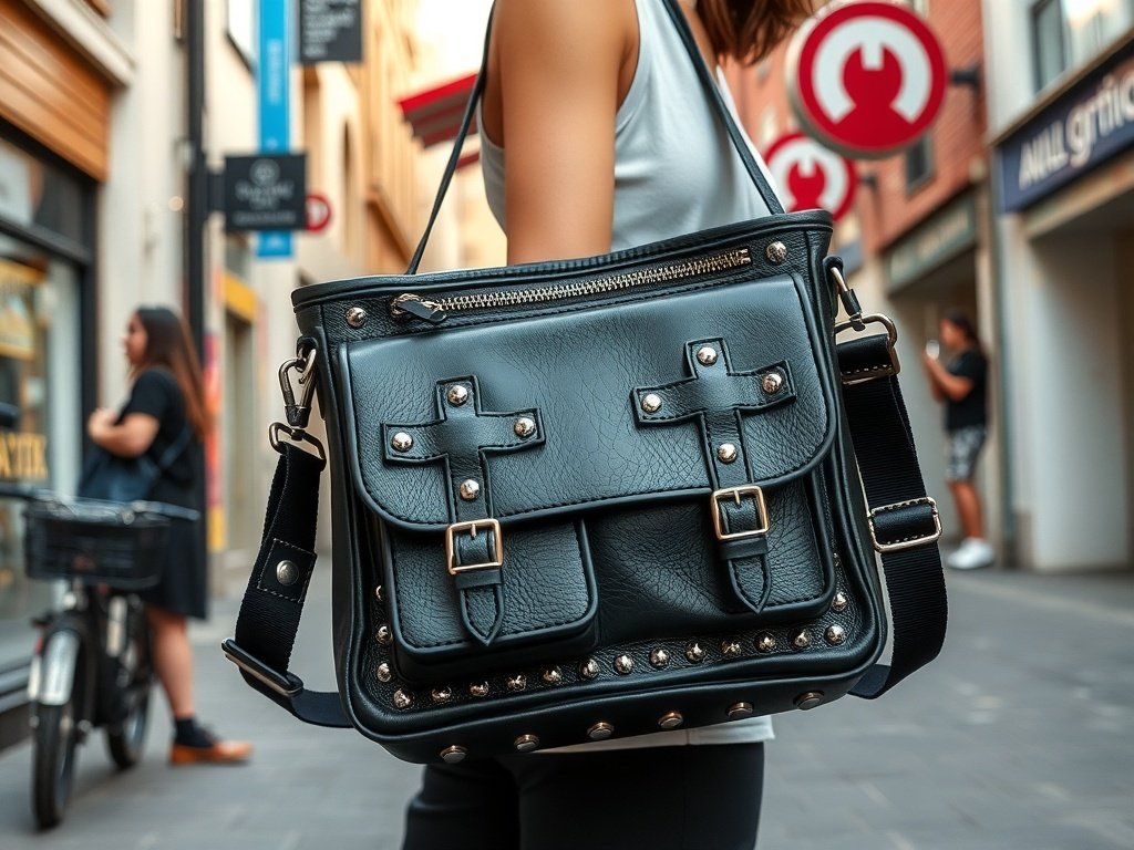 A stylish studded faux leather messenger bag with a cross design, showcased on a model in an urban setting.