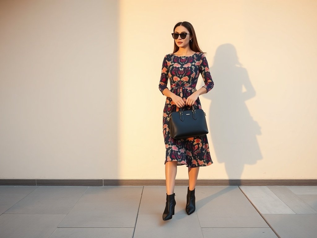 A woman wearing a printed midi dress with ankle boots, holding a handbag and wearing sunglasses.