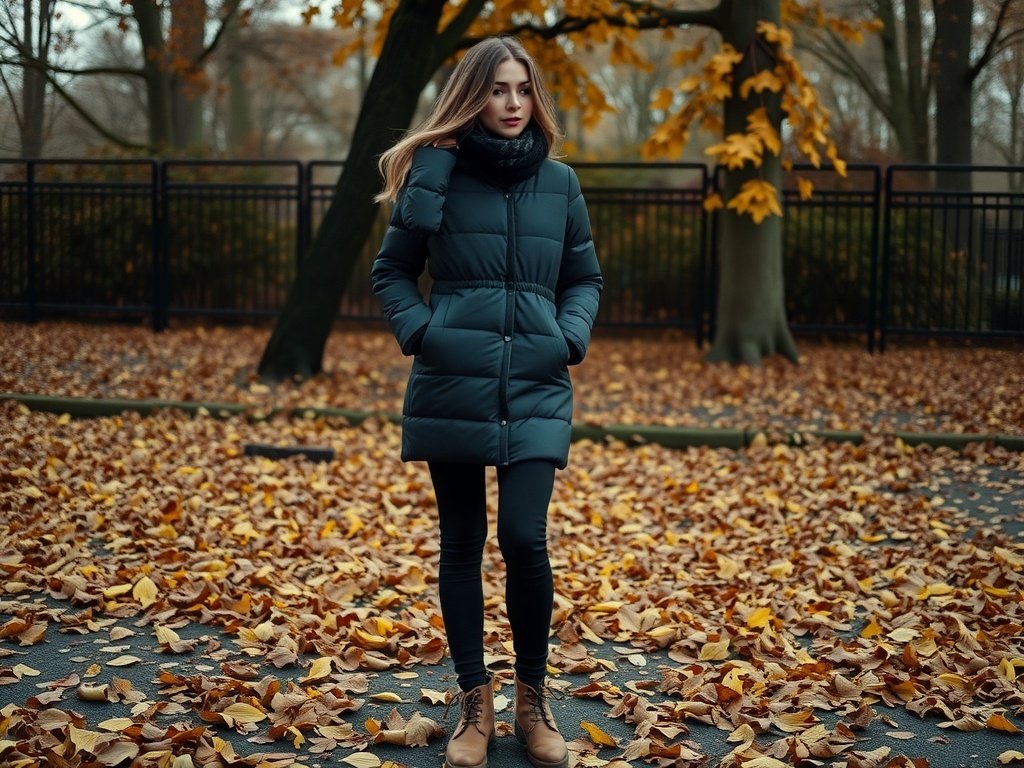 A fashion model wearing a charcoal puffer coat, leggings, and matching boots, standing on a bed of autumn leaves.
