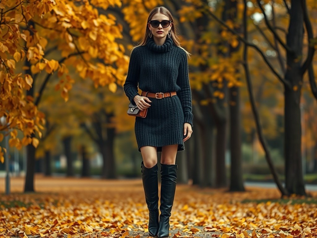 A fashion model wearing a knitted sweater dress with a belted skirt, knee-high boots, and sunglasses, set against an autumn background.