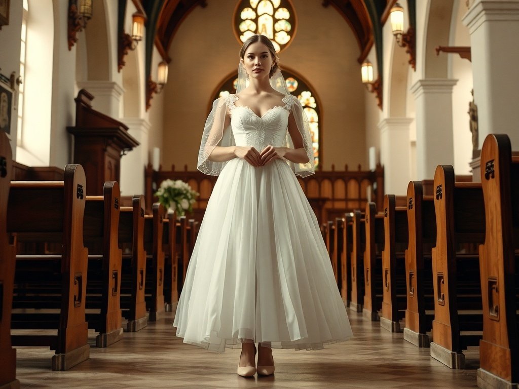 A model in a vintage tea-length bridal dress with tulle overlay, set in a stylish church.