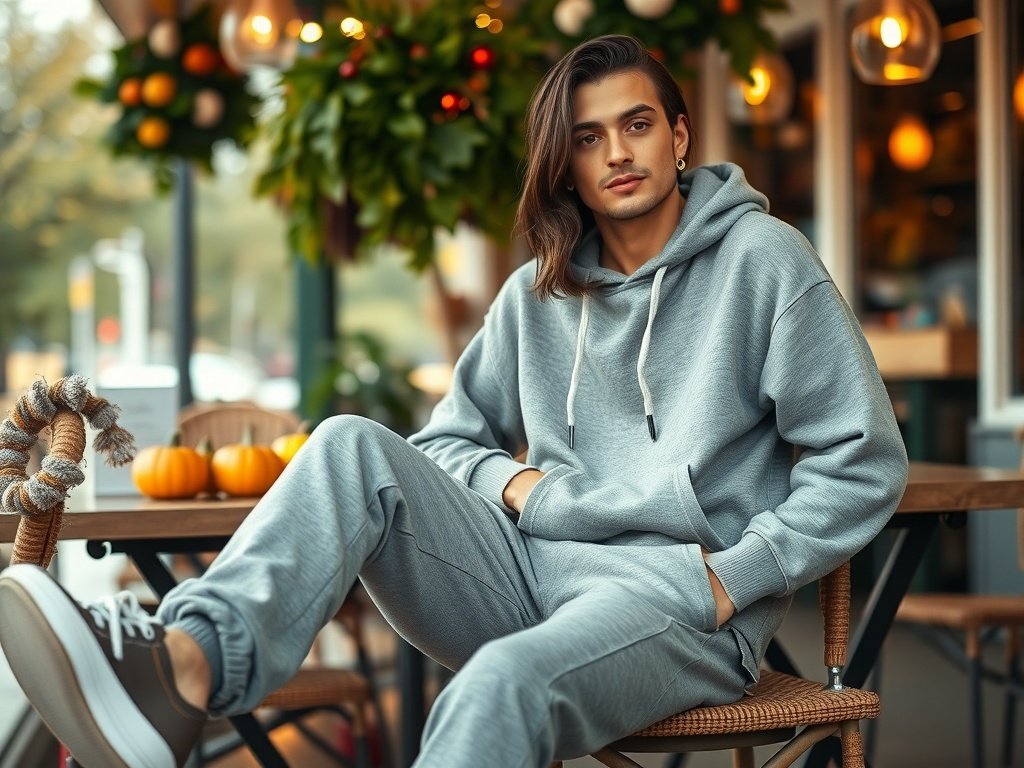 A model wearing a casual hoodie and joggers, sitting outside a café decorated for fall.
