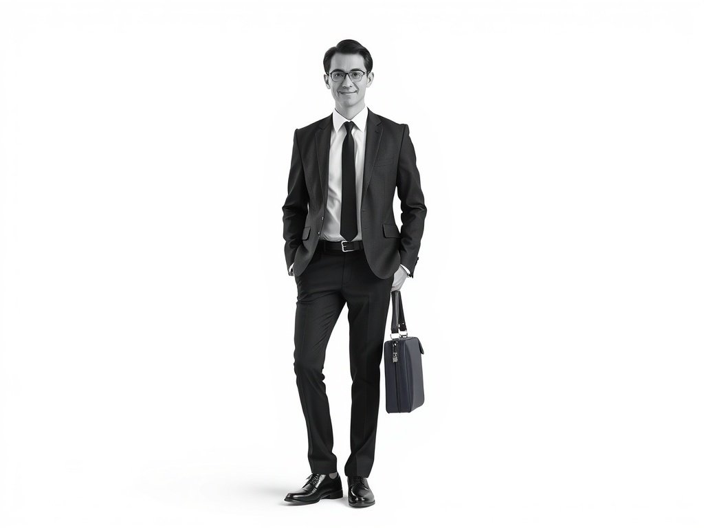 A modern businessman in a black and white suit holding two briefcases, standing confidently.