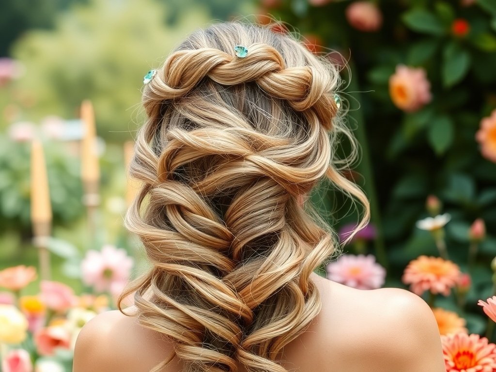 A woman with a Half-Up Twisted Crown hairstyle featuring soft waves, set against a colorful floral background.