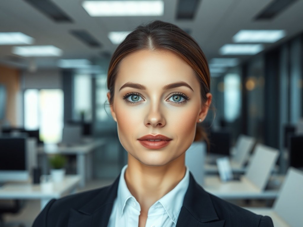 A professional woman with a clean and minimalist makeup look, featuring flawless skin, groomed brows, and nude lipstick, set in an office environment.