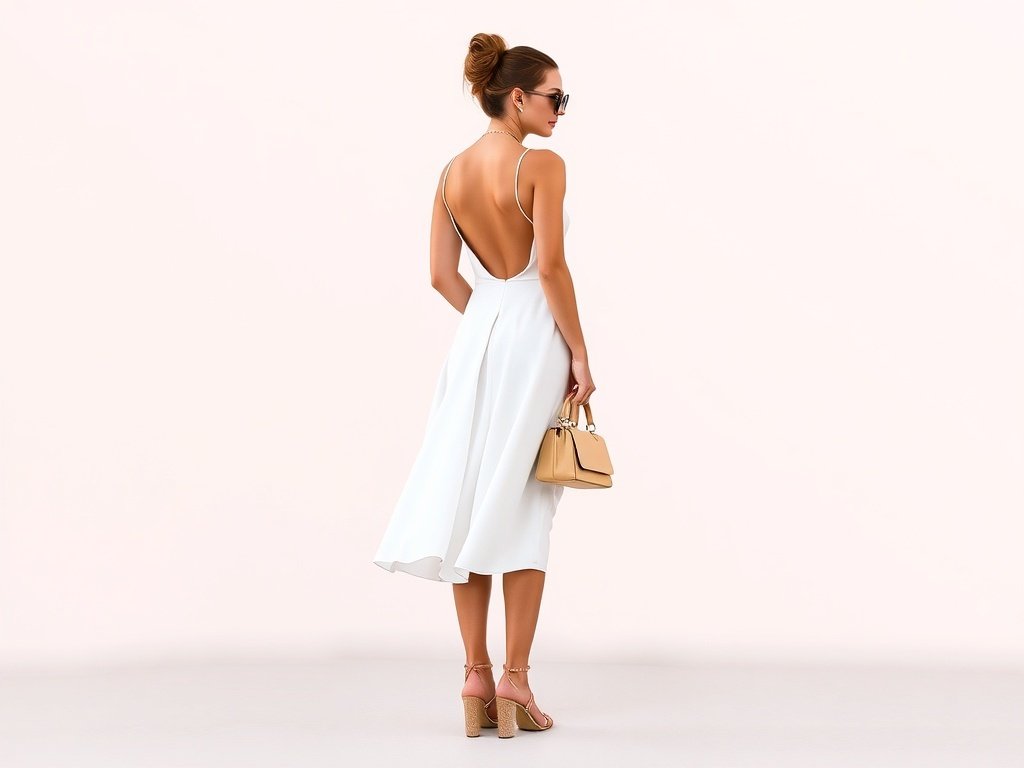 A model wearing a chic white flowing backless A-line dress, paired with stylish footwear, sunglasses, and a handbag.