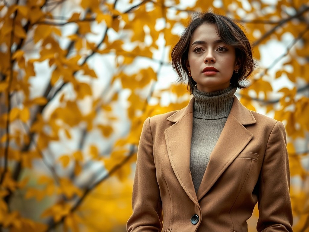 Fashion model wearing a classic blazer with earthy tones in an outdoor fall setting.
