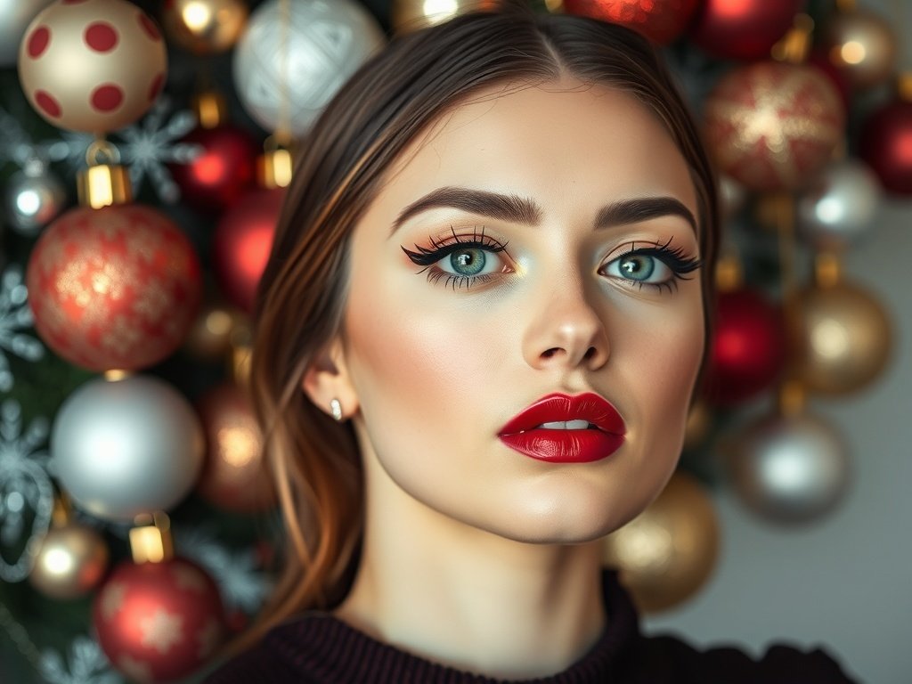 A model with classic winged eyeliner and berry lips, set against a backdrop of Christmas ornaments.