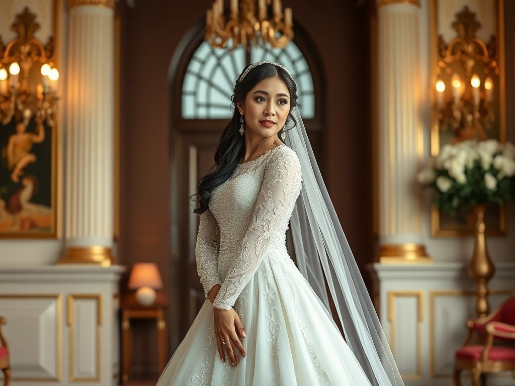 A bride in a long sleeve cathedral gown with lace detailing and a flowing veil, set in an elegant indoor bridal salon.