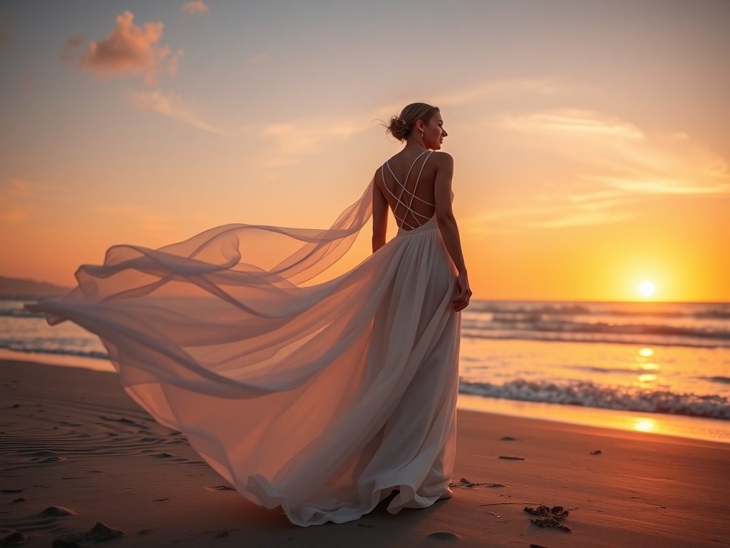 A bride in a flowy V-neck dress with crisscross back standing on the beach at sunset