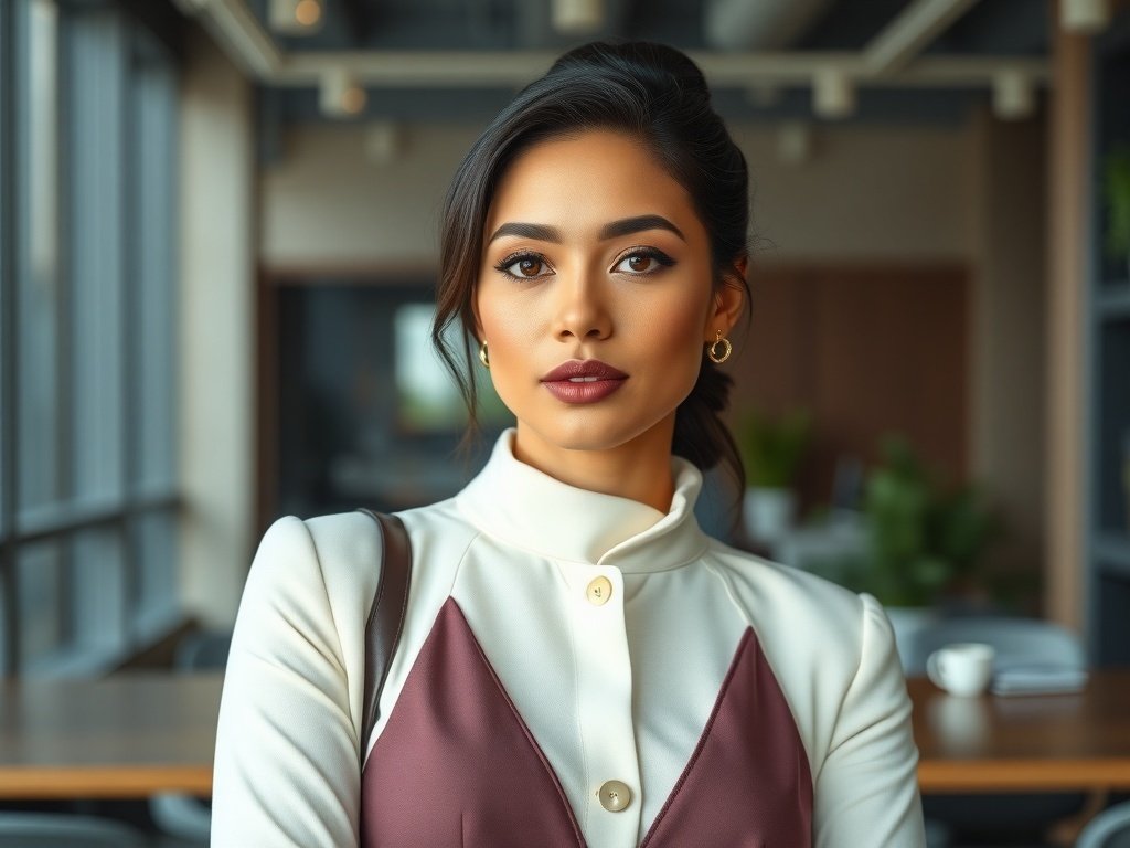 A woman with a polished monochromatic mauve makeup look, showcasing soft mauve eyeshadow, blush, and lipstick, exuding confidence in a professional setting.
