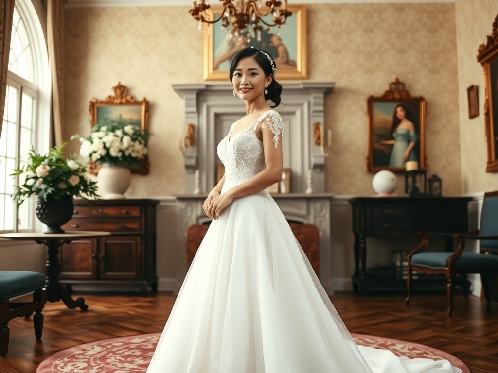 A bride in an A-line wedding dress with lace sleeves, standing in an elegant bridal salon.