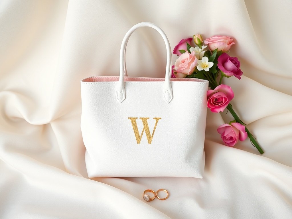 A white monogrammed bridal bag with a pink interior, accompanied by roses and wedding rings on a soft fabric backdrop.