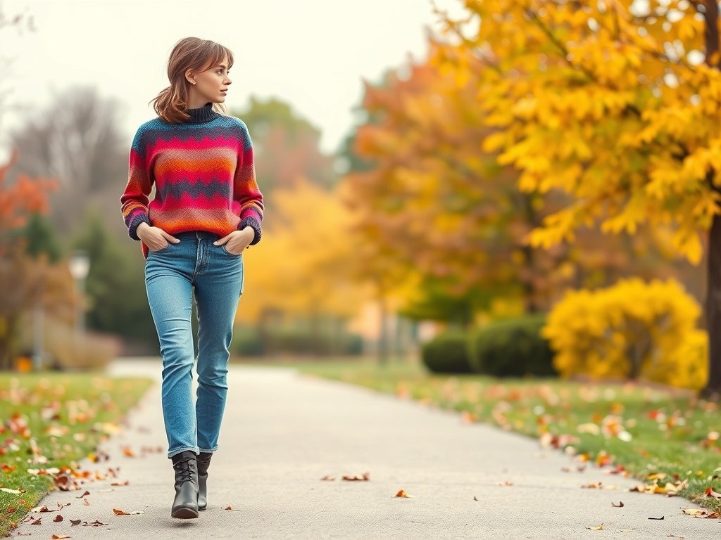 Fashion model wearing straight-leg jeans and a colorful sweater, walking in an autumn park with yellow leaves.