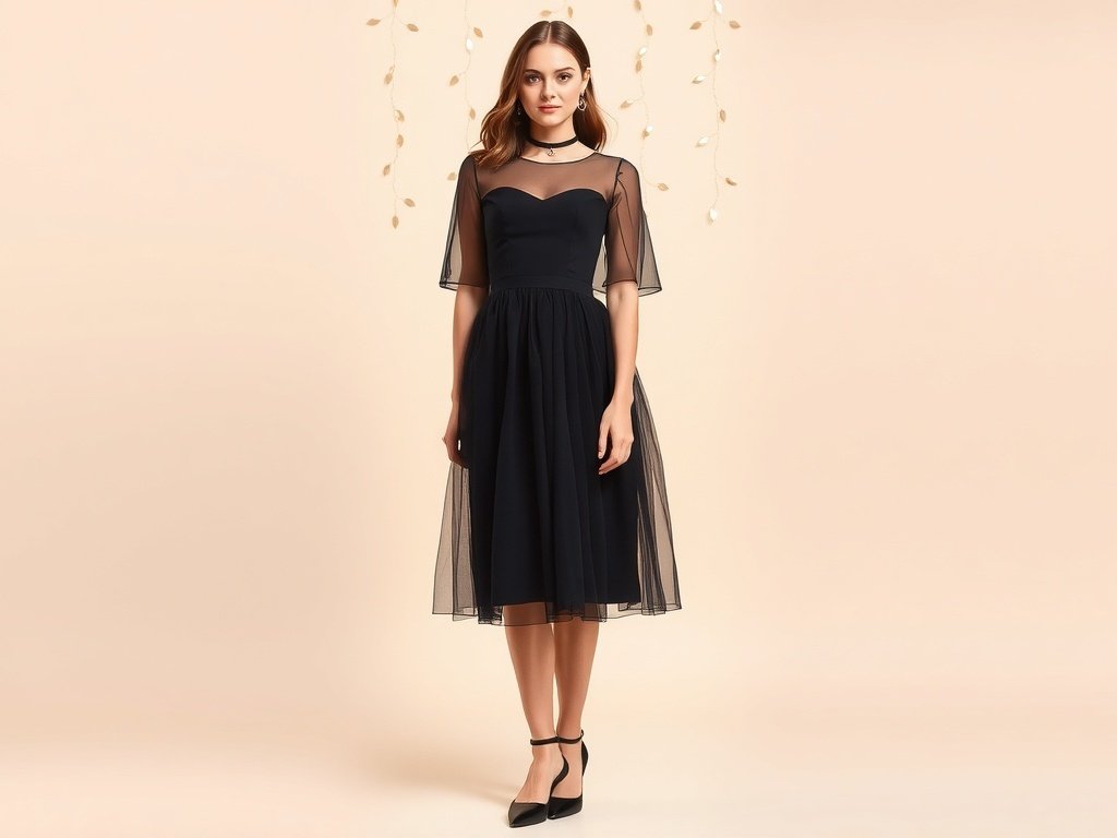 Classic black tulle midi dress with a strapless design, layered tulle skirt, and elegant accessories.