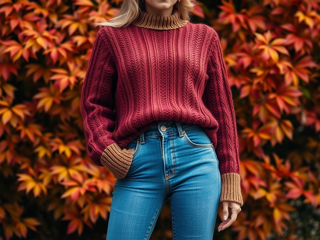 A woman wearing a cozy gray knit sweater and denim jeans, surrounded by autumn leaves.