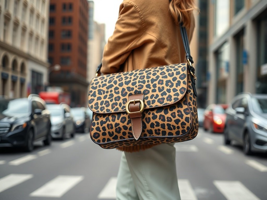 A stylish messenger bag with a bold leopard print and oversized buckle, held by a model in an urban setting.