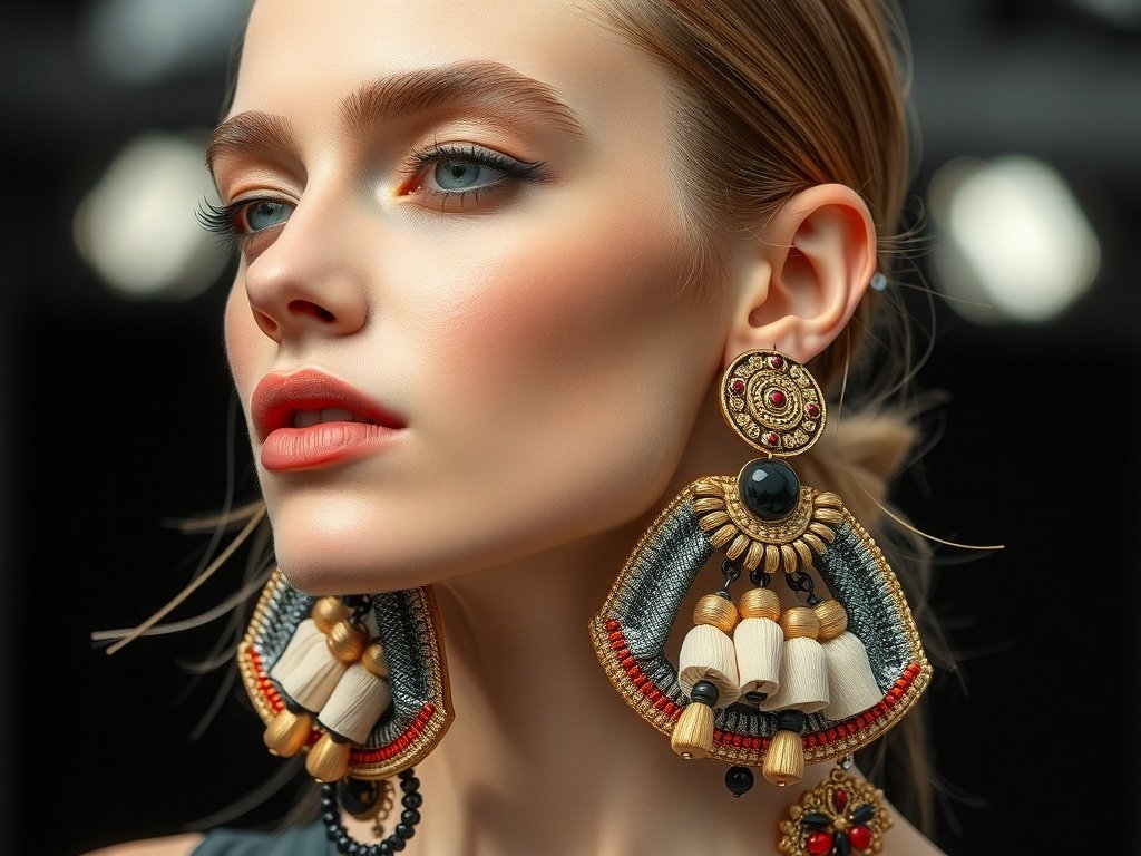 A model showcasing mixed media earrings featuring a blend of metal, fabric, and colorful beads.