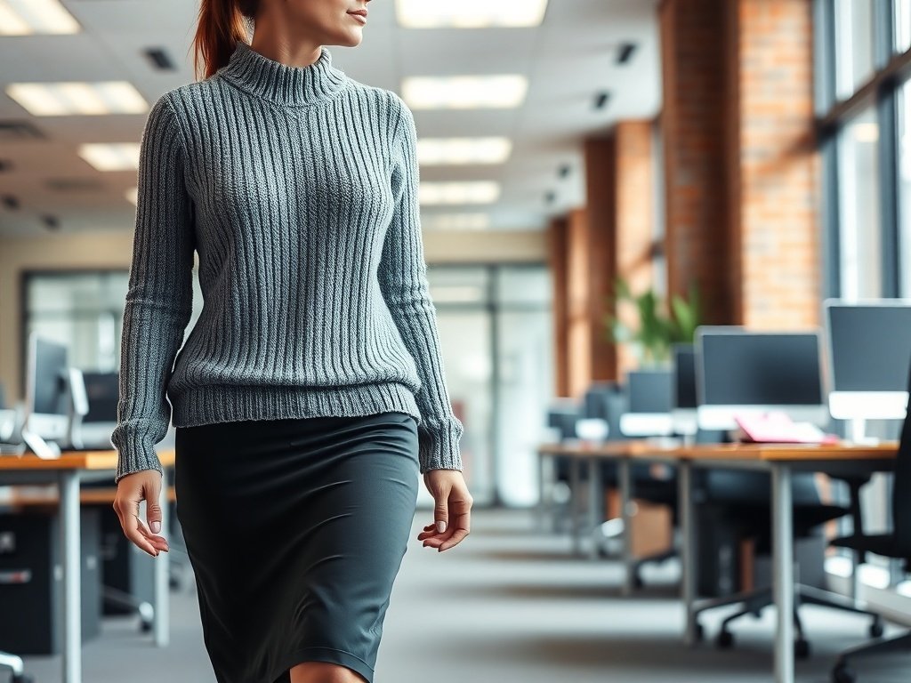 A woman wearing a grey knit sweater and a black pencil skirt walking through a modern office space.