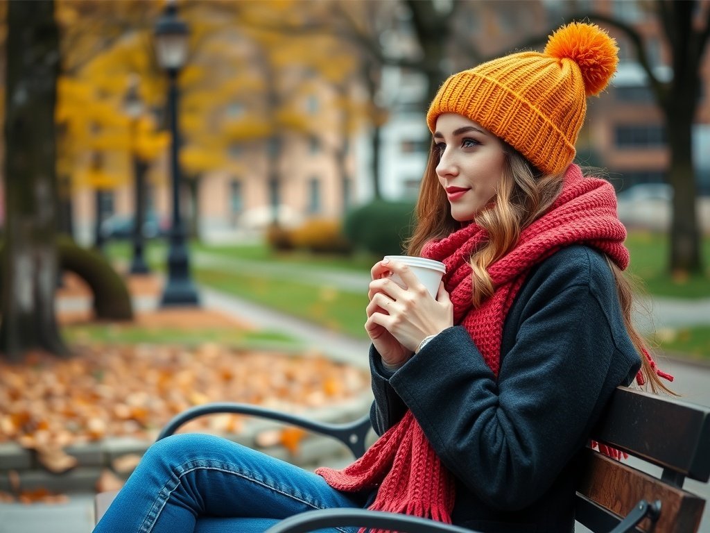 A model wearing a bright orange beanie and a red scarf, sitting on a bench in an autumn park.