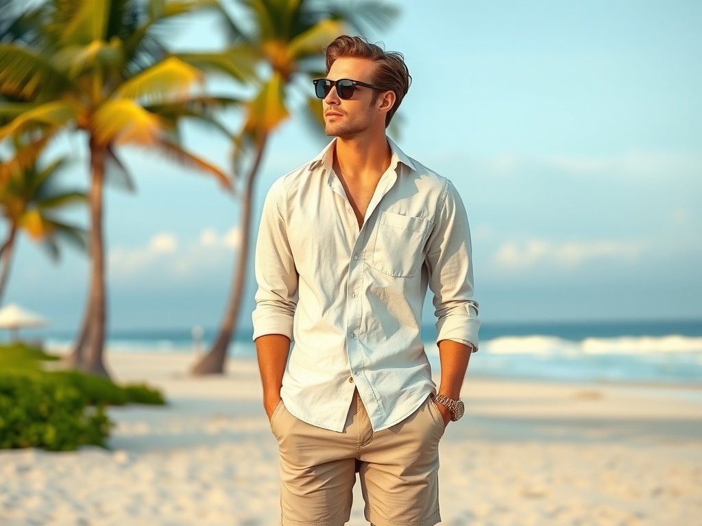 A man in a lightweight linen shirt and chino shorts stands on a beach with palm trees in the background.