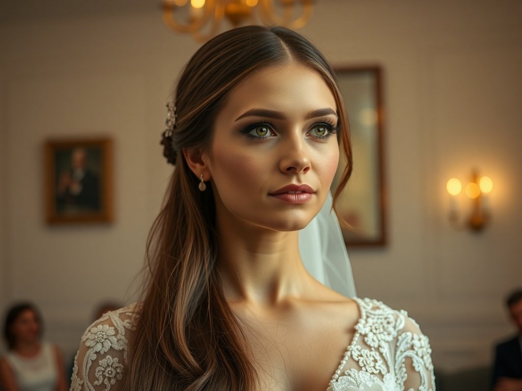 Bride with straight hair parted in the middle, wearing a statement accessory, captured in a romantic setting.