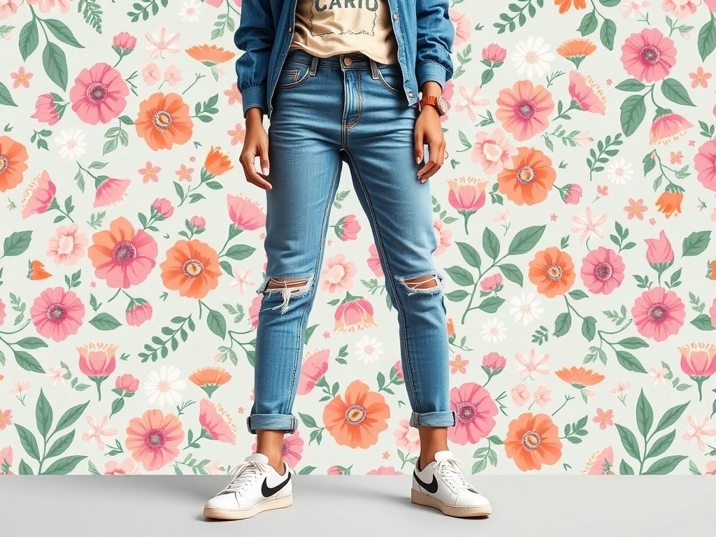 A person wearing low rise jeans, a graphic tee, and a denim jacket with white sneakers, set against a floral background.