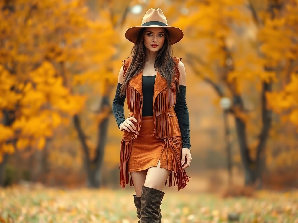 A fashion model wearing a fringed suede vest and a wide-brim hat in a fall background with autumn colors.