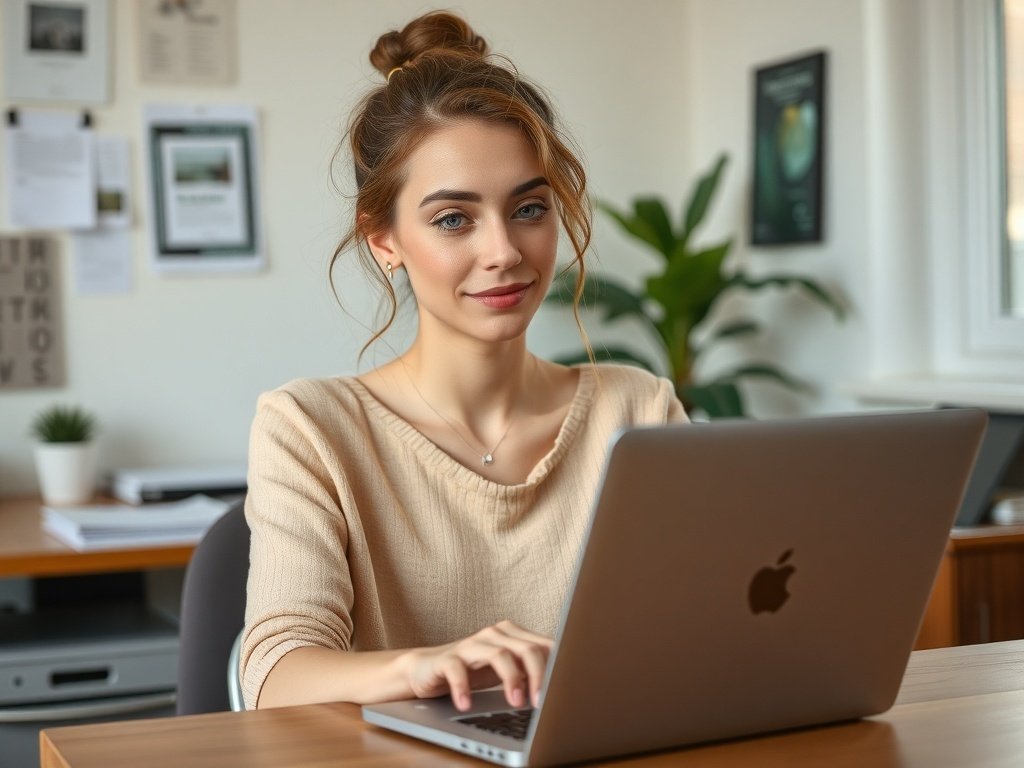A woman with a no-makeup makeup look, showcasing radiant skin while working on a laptop in a bright office setting.