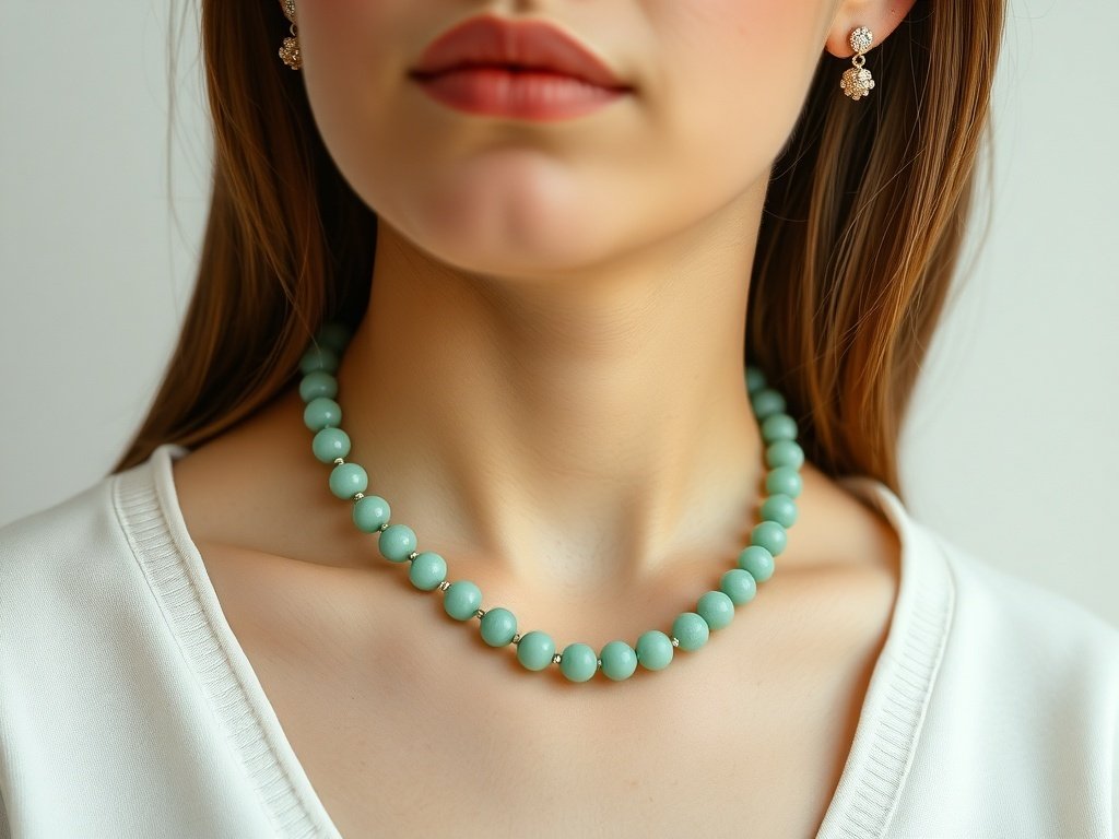 Minimalist jade bead necklace and stud earring set worn by a model