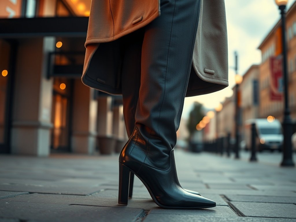 A stylish pointed-toe heeled ankle boot worn with tailored trousers and a trench coat, set against a cozy urban backdrop.