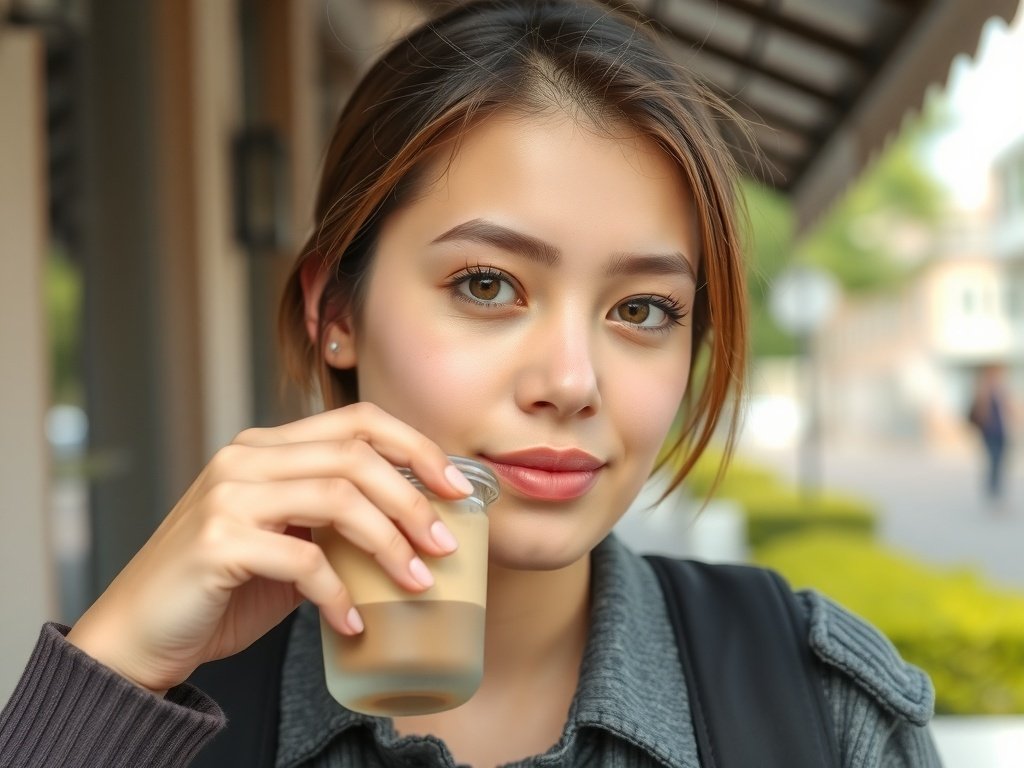 A young woman with a natural makeup look, holding a drink, showcasing a glowy skin finish.