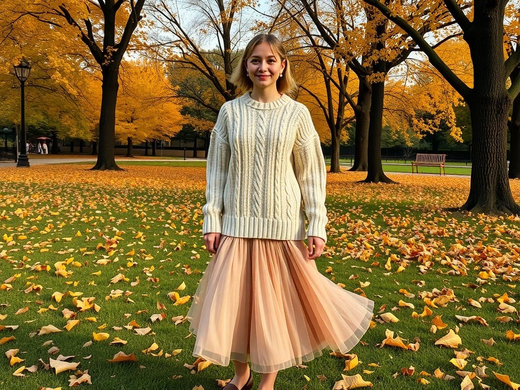 A woman wearing a chunky knit sweater and a midi skirt in a park with autumn leaves.