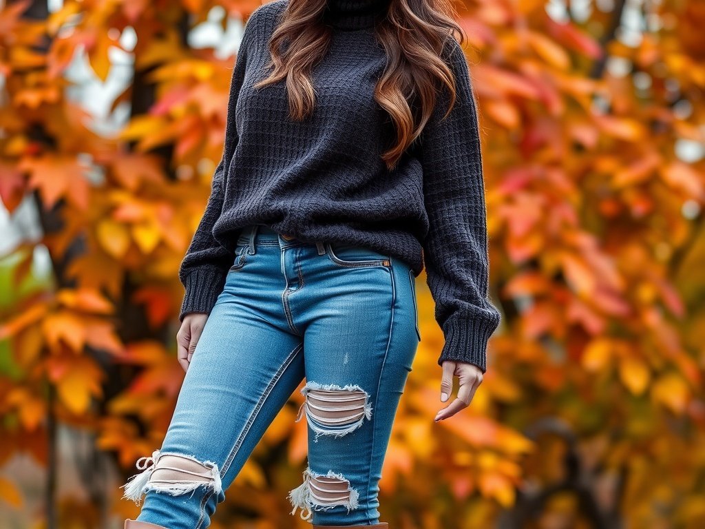 Fashion model wearing distressed denim and a turtleneck sweater in an autumn setting.