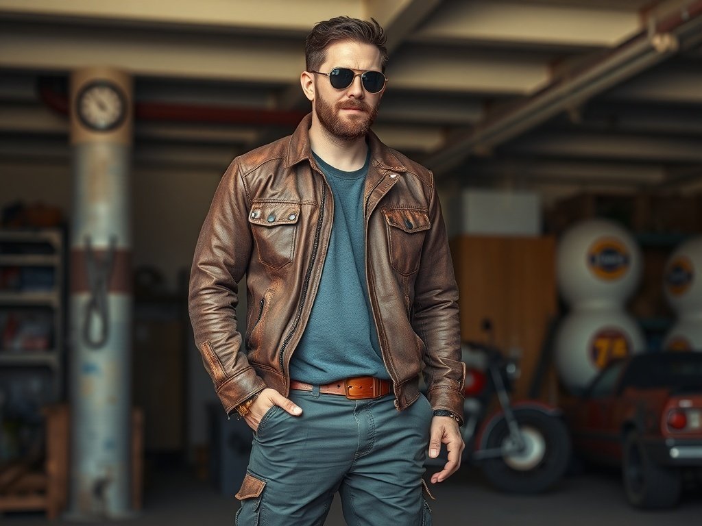 A man wearing a distressed leather jacket and cargo pants, standing confidently with sunglasses and a neat hairstyle.