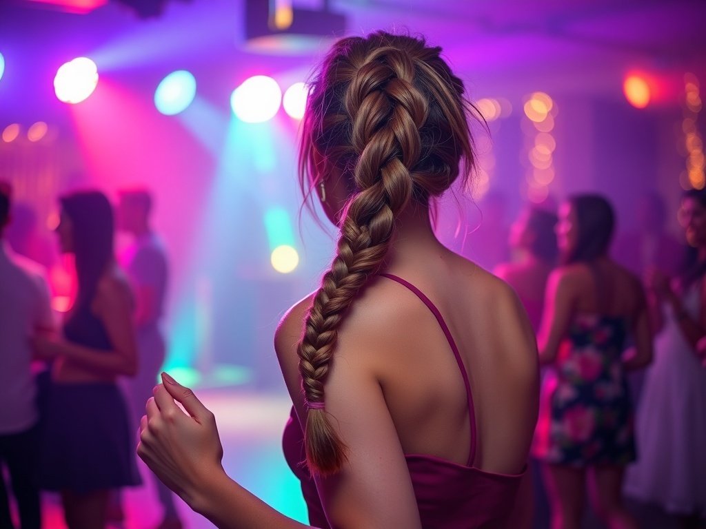 A woman with a bubble braid ponytail dancing at a colorful party.