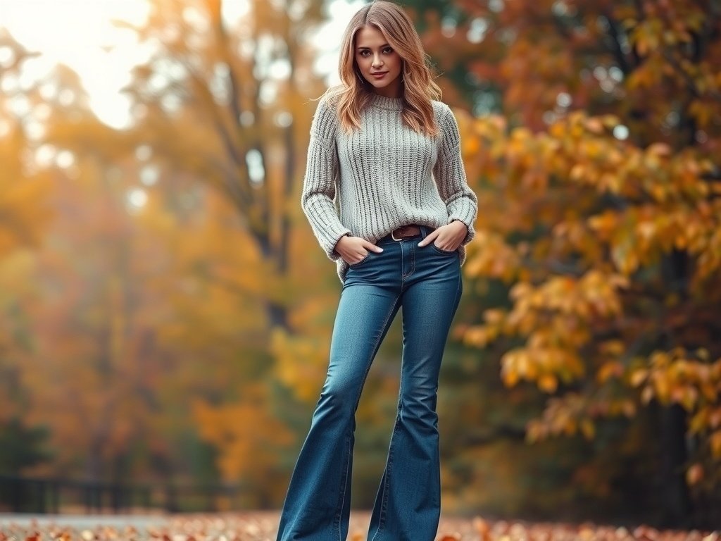 A model wearing flared jeans and a cozy oversized sweater, standing among autumn leaves.