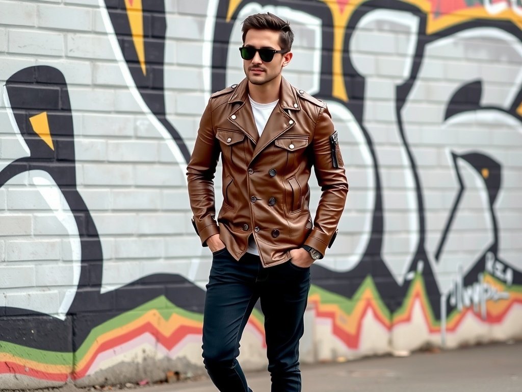 A young man wearing a military style leather jacket with tapered jeans, standing in front of a graffiti wall.