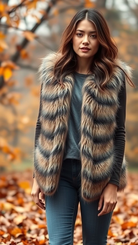 A woman wearing a faux fur vest over a long-sleeve top, standing in an autumn setting with fallen leaves.