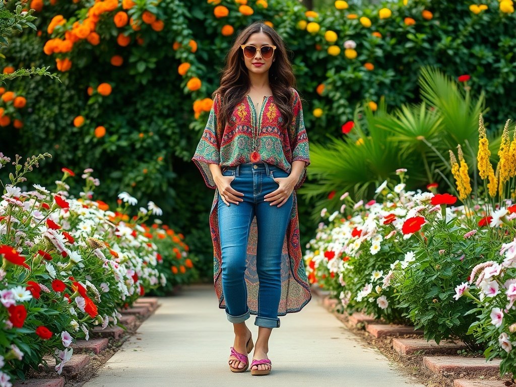 A woman in a colorful tunic and low rise jeans stands in a floral garden, wearing sunglasses and sandals.