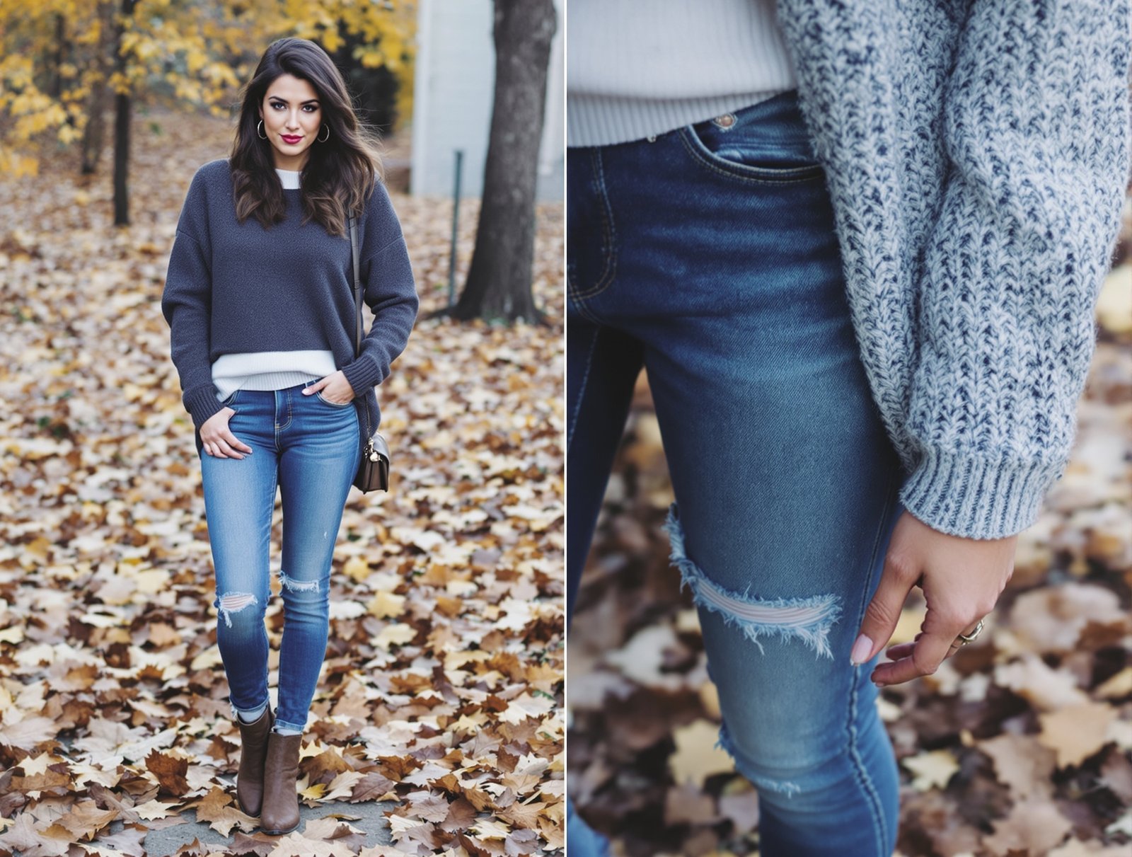 Fashion model wearing mom jeans and a layered sweater in an autumn setting