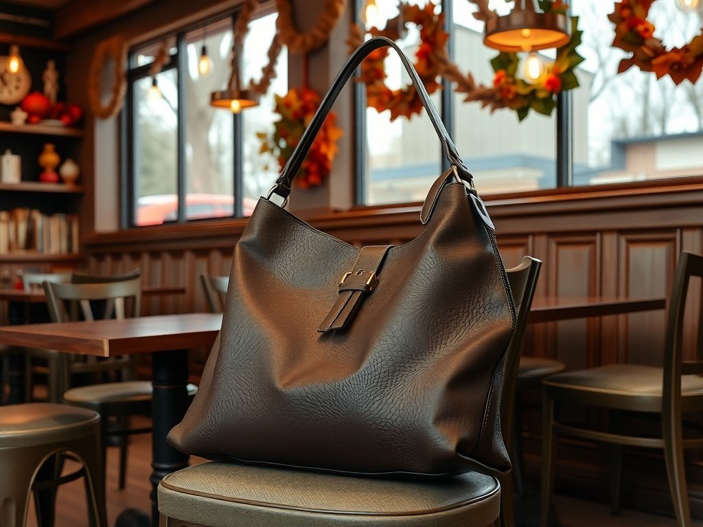 A sophisticated hobo bag resting on a chair in a cozy cafe setting.