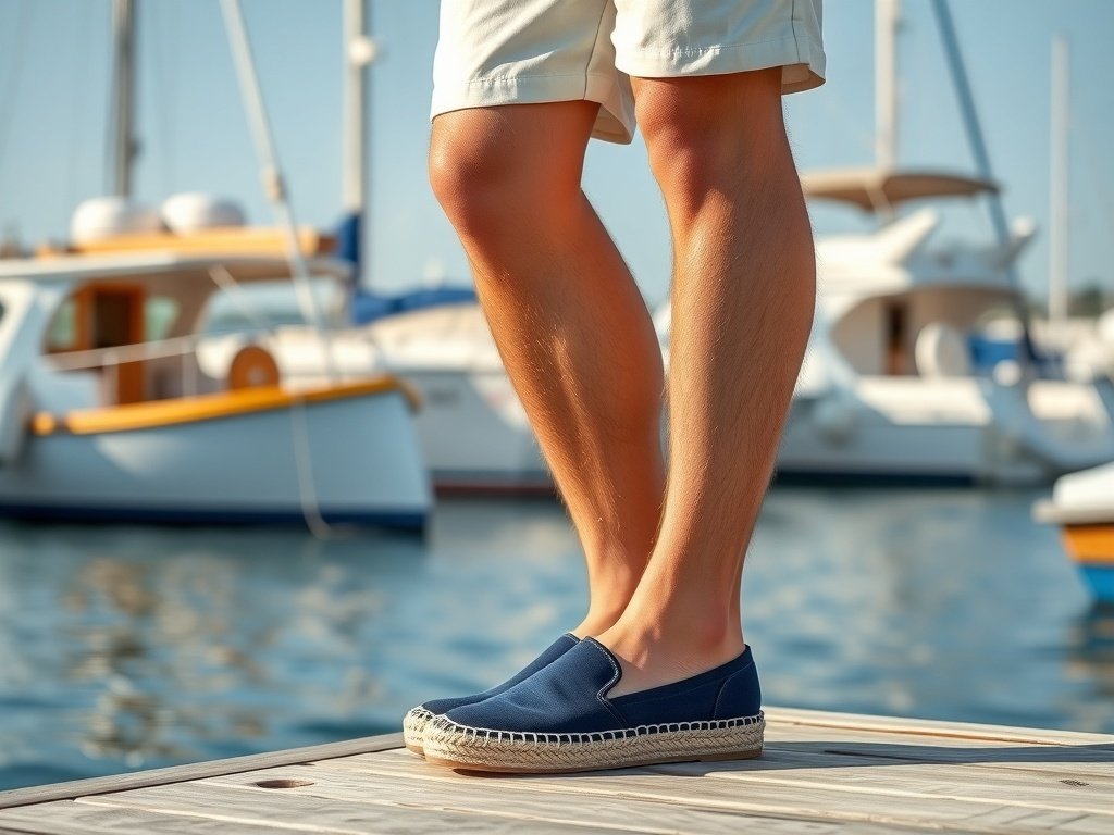 A model wearing espadrilles, shorts, and a stylish top, standing on a dock with boats in the background.