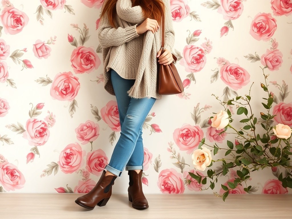 A woman wearing a cozy knit sweater and low-rise jeans, paired with ankle boots and a brown handbag, set against a floral background.