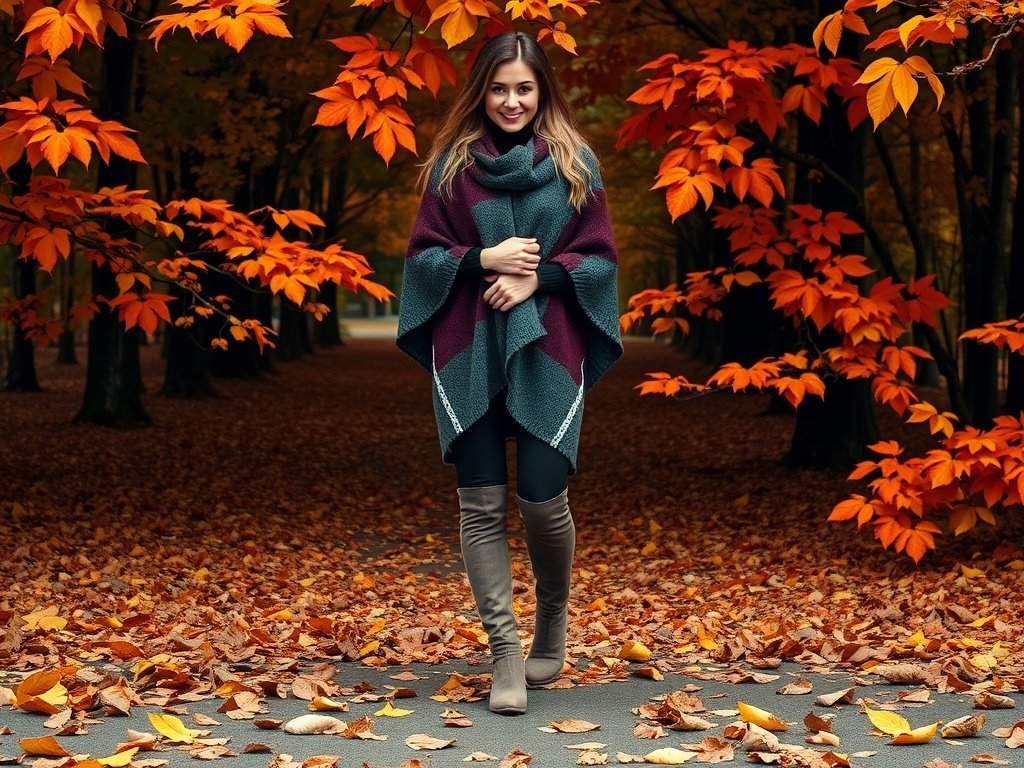 Fashion model wearing a cozy poncho with leggings and boots in an autumn setting.