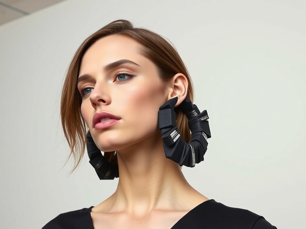 Close-up of a model wearing oversized sculptural hoops, showcasing unique design and texture.