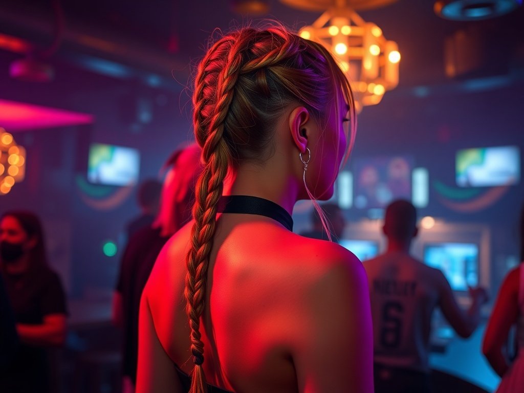 A woman with Dutch braids styled into a low ponytail, set against a colorful party background.