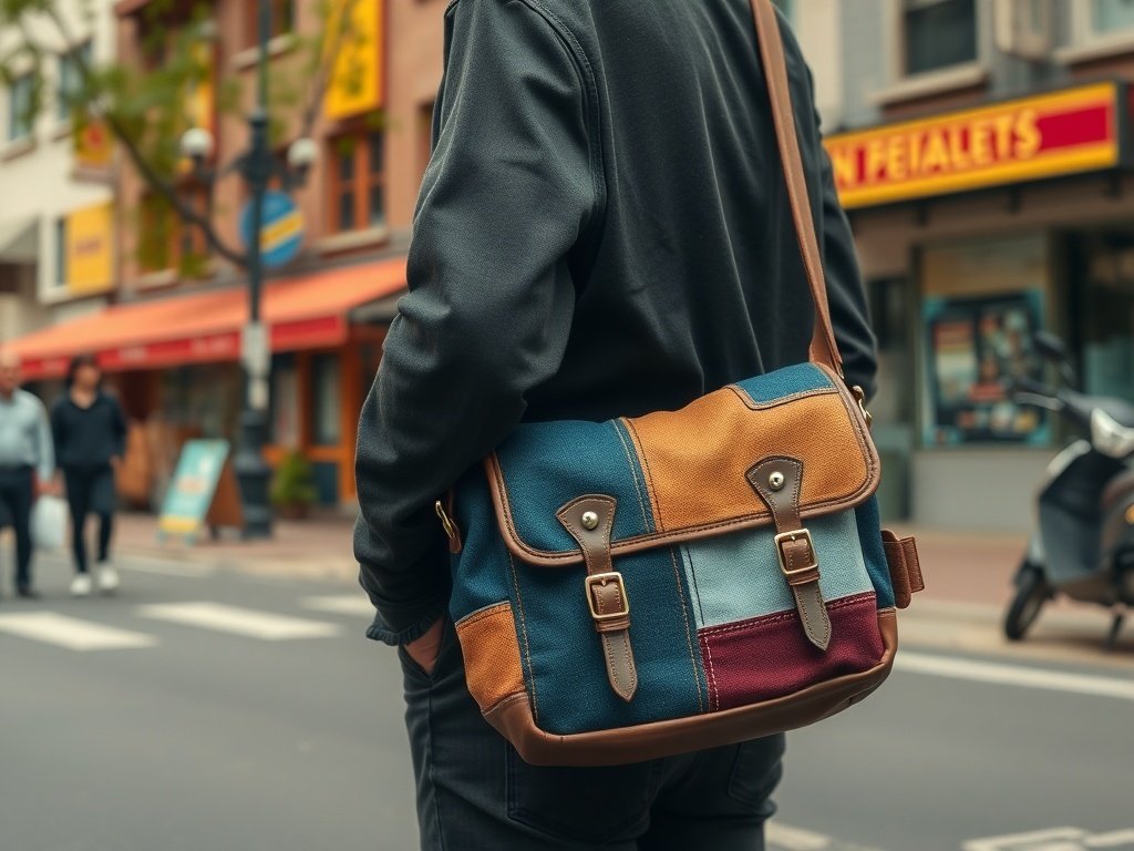 A person wearing a Retro Patchwork Denim Messenger bag while walking on a city street.